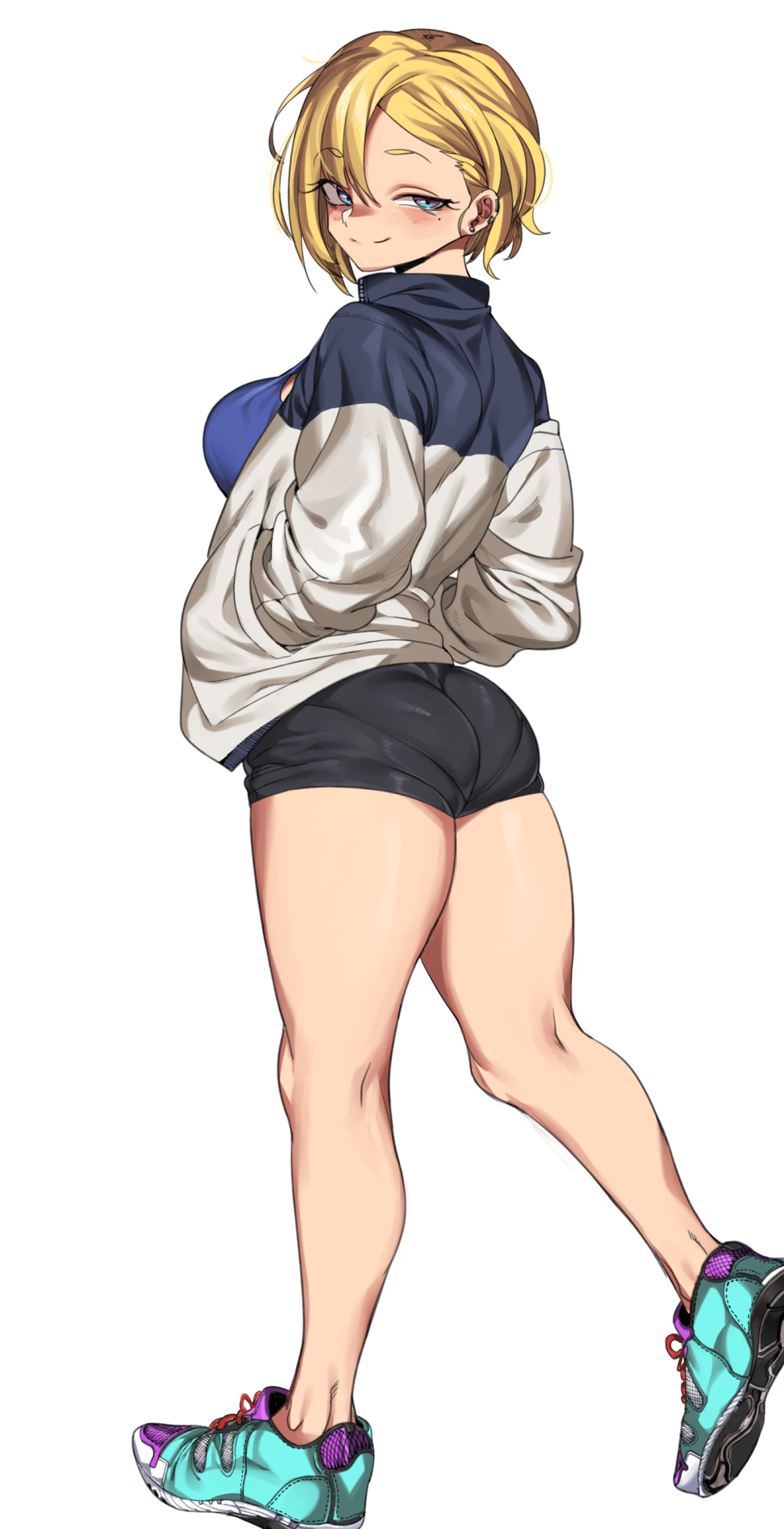 1girl ass back blonde_hair blue_eyes blush breasts ear_piercing eyebrows_visible_through_hair hands_in_pockets highres jacket large_breasts legs looking_at_viewer looking_back mole mole_under_eye original piercing shoes short_hair shorts smile sneakers solo standing thick_thighs thighs urec