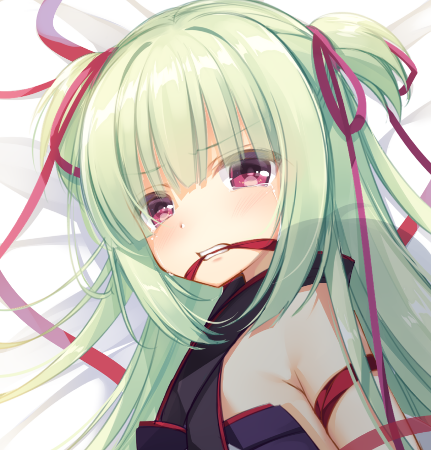 1girl bangs bare_shoulders bed_sheet black_kimono blush cariboy clenched_teeth commentary_request crying crying_with_eyes_open eyebrows_visible_through_hair green_hair hair_between_eyes hair_ribbon japanese_clothes kimono long_hair looking_at_viewer lying mouth_hold murasame_(senren) on_side purple_ribbon red_eyes red_ribbon ribbon ribbon_in_mouth senren_banka sleeveless sleeveless_kimono solo tears teeth two_side_up upper_body