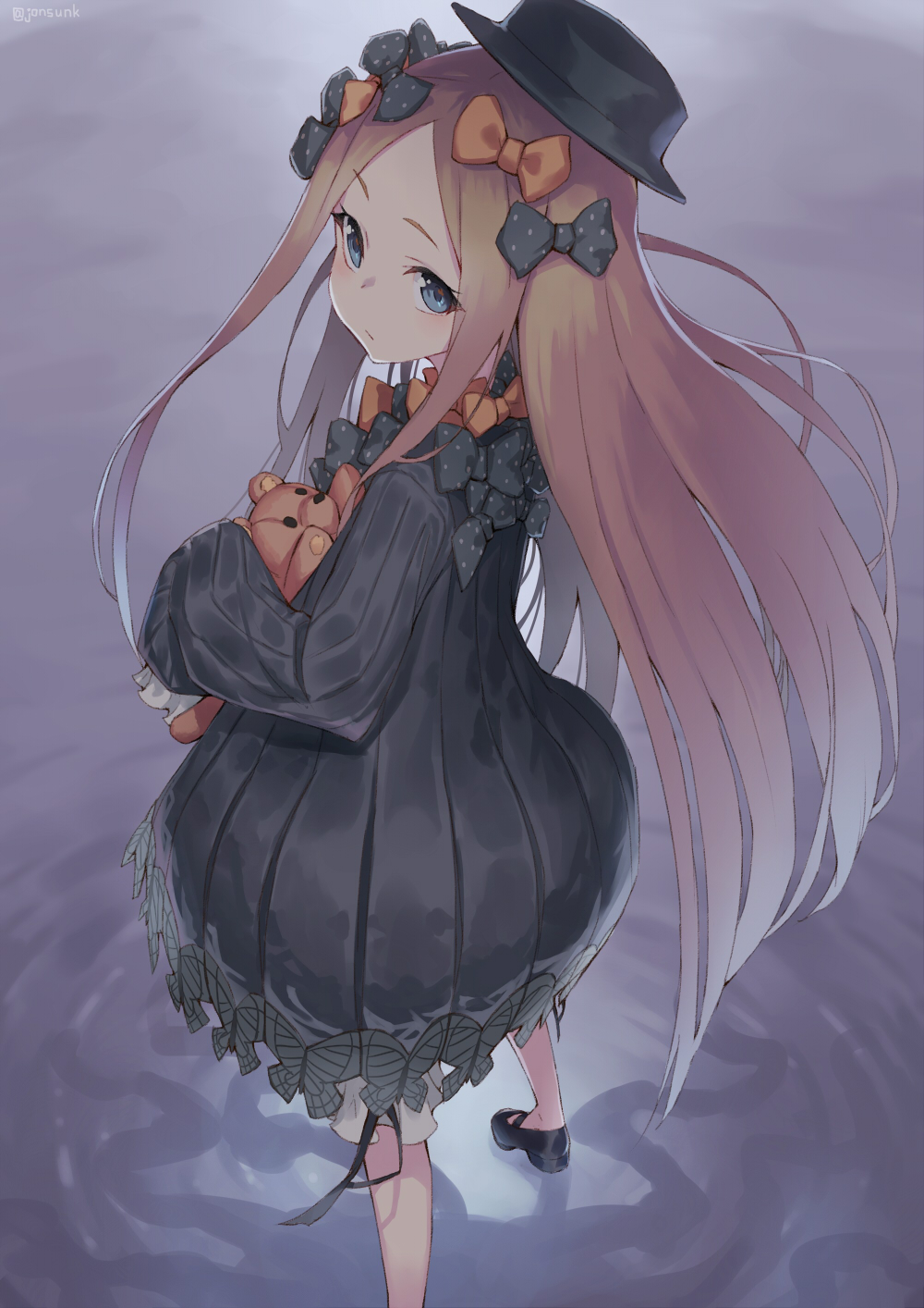 1girl abigail_williams_(fate/grand_order) bangs black_bow black_dress black_footwear black_hat blonde_hair bloomers blue_eyes bow bug butterfly commentary_request dress eyebrows_visible_through_hair fate/grand_order fate_(series) forehead hair_bow hat highres insect jonsun long_hair long_sleeves looking_at_viewer looking_back mary_janes object_hug orange_bow parted_bangs polka_dot polka_dot_bow shoes sleeves_past_fingers sleeves_past_wrists solo standing stuffed_animal stuffed_toy teddy_bear twitter_username underwear very_long_hair white_bloomers