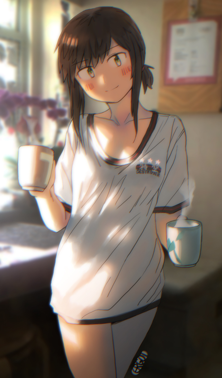 1girl alternate_costume artist_name blurry blush breasts casual chrysanthemum coffee_mug collarbone cup dappled_sunlight depth_of_field ergot flower fubuki_(kantai_collection) green_eyes head_tilt highres indoors kantai_collection looking_at_viewer low_ponytail morning mug no_pants plant potted_plant short_ponytail sidelocks signature small_breasts smile solo steam sunlight walking window