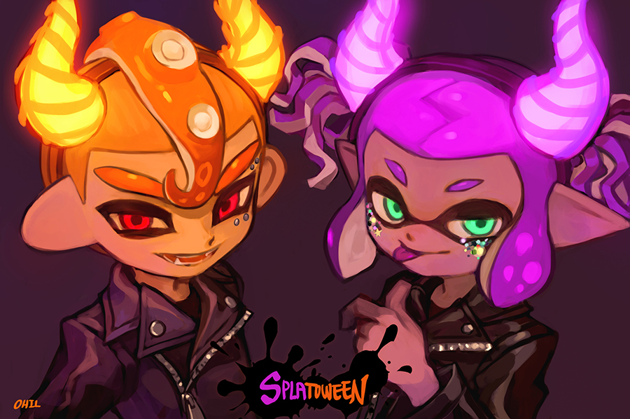 1boy 1girl :d aqua_eyes artist_name black_jacket closed_mouth dark_skin domino_mask fake_horns fang halloween horns inkling jacket leather leather_jacket mask mohawk octarian octoling ohil_(ohil822) open_mouth orange_hair pointy_ears purple_background purple_hair red_eyes short_hair smile splatoon splatoon_(series) splatoon_2 suction_cups teeth tentacle_hair tongue tongue_out twintails upper_body zipper zipper_pull_tab