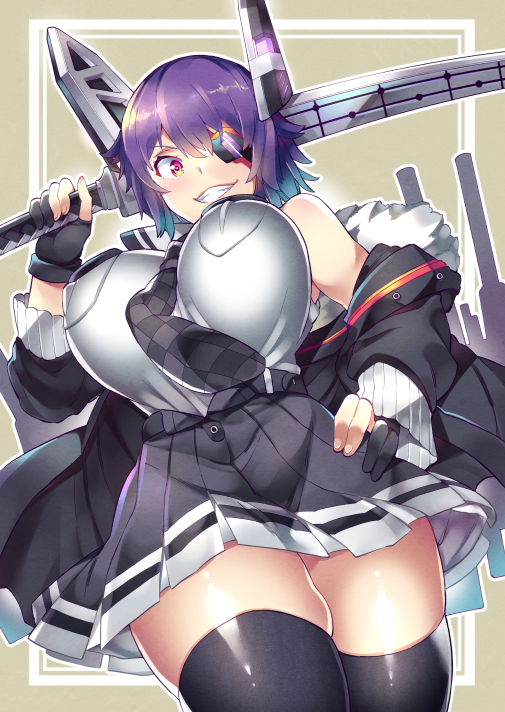 1girl bangs bare_shoulders between_breasts black_gloves bouncing_breasts breast_pocket breasts checkered checkered_neckwear commentary_request curvy dutch_angle eyepatch gloves green_eyes grin hand_on_hip hand_up headgear holding holding_sword holding_weapon impossible_clothes impossible_shirt jacket kantai_collection large_breasts long_sleeves looking_at_viewer miniskirt multicolored multicolored_eyes necktie necktie_between_breasts nib_pen_(medium) off_shoulder open_clothes open_jacket over_shoulder partly_fingerless_gloves pocket purple_hair remodel_(kantai_collection) school_uniform shirt short_hair skindentation skirt sleeveless sleeveless_shirt smile solo sword takano_itsuki tenryuu_(kantai_collection) thick_thighs thigh-highs thighs traditional_media upper_body violet_eyes weapon weapon_over_shoulder white_shirt yellow_eyes zettai_ryouiki