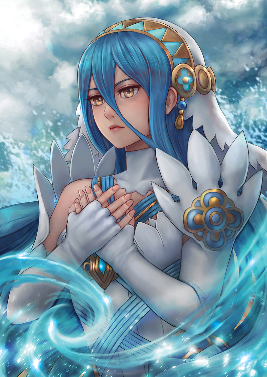 1girl aqua_(fire_emblem_if) bare_shoulders blue_hair chrone closed_mouth detached_collar detached_sleeves dress elbow_gloves fingerless_gloves fire_emblem fire_emblem:_kakusei fire_emblem_heroes fire_emblem_if gloves hair_between_eyes hands_on_own_chest highres nintendo veil water white_dress yellow_eyes