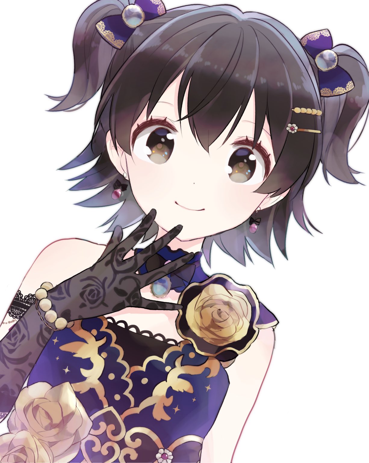 1girl akagi_miria bangs bare_shoulders black_gloves black_hair blue_dress bow bracelet brown_eyes choker dress dutch_angle earrings flower funoko gloves gold_trim hair_between_eyes hair_bow hair_ornament hairpin highres idol idolmaster idolmaster_cinderella_girls idolmaster_cinderella_girls_starlight_stage jewelry pearl_bracelet short_hair sleeveless sleeveless_dress smile solo two_side_up upper_body