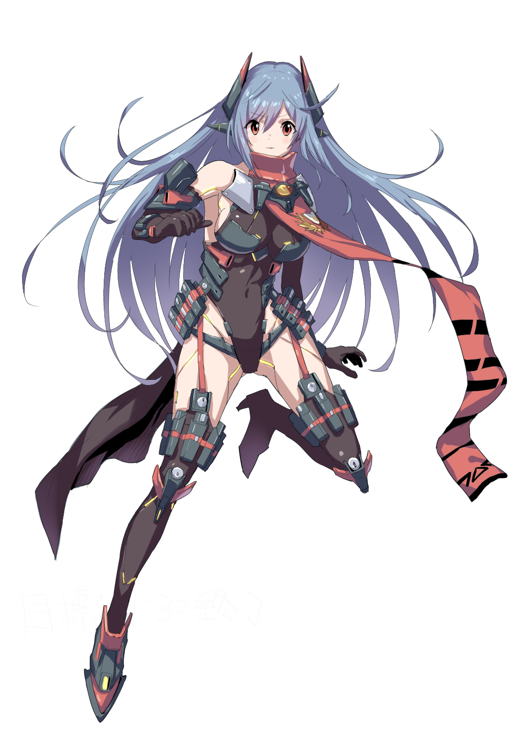 1girl android armored_boots bangs boots breasts cleavage closed_mouth commentary_request eyebrows_visible_through_hair full_body green322 hana_(xenoblade) hana_jd highres honey_strap horns leotard long_hair long_sleeves nintendo pointy_ears silver_hair simple_background skirt smile solo thigh-highs violet_eyes white_background xenoblade_(series) xenoblade_2