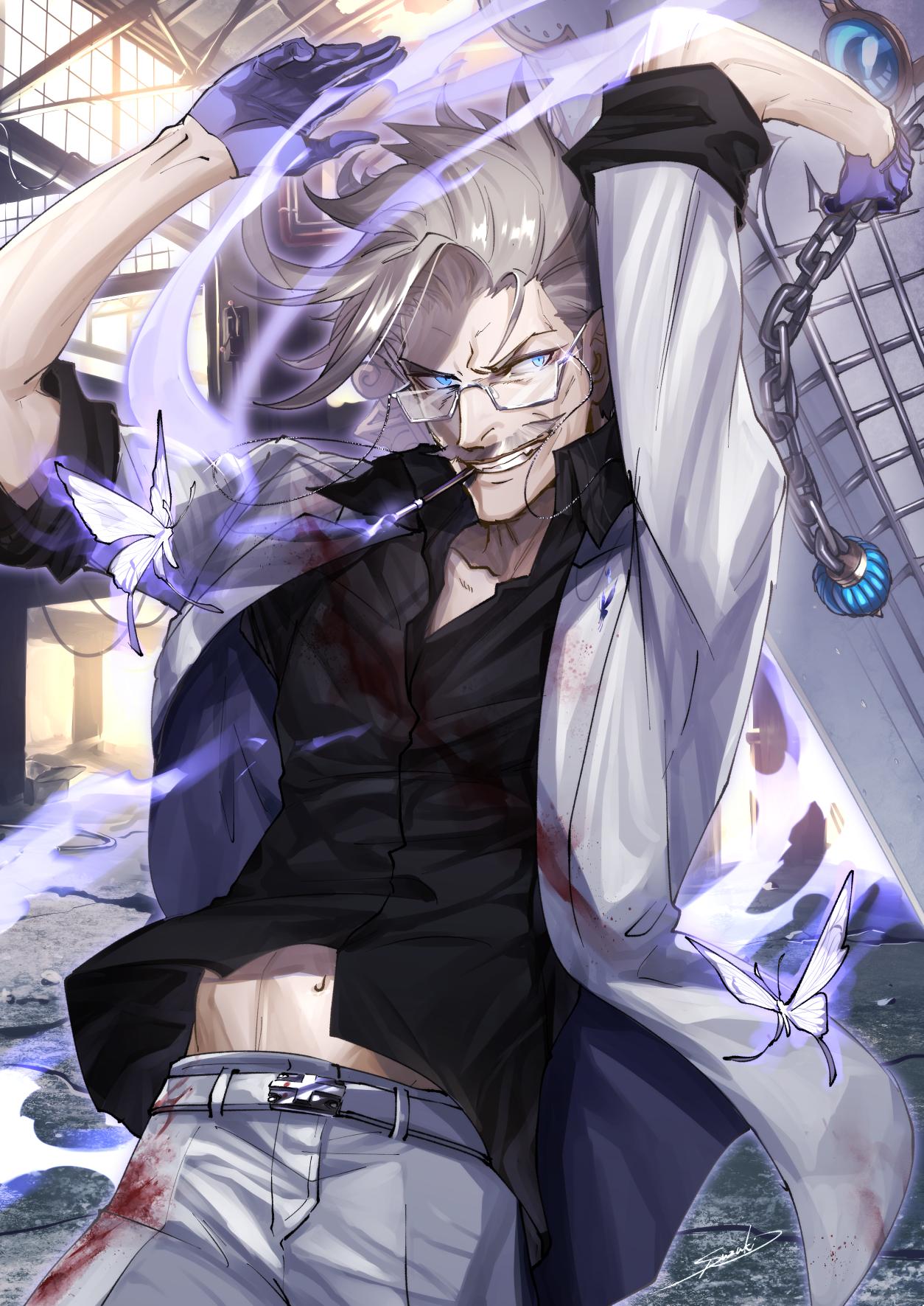 1boy alternate_costume black_gloves black_shirt blood blood_stain blue_eyes bug butterfly cigarette evil_grin evil_smile facial_hair fate/grand_order fate_(series) formal glasses gloves grey_hair grin highres insect james_moriarty_(fate/grand_order) male_focus mustache navel shirt smile smoking suit suzuki_rui white_suit
