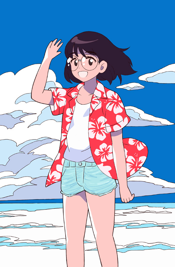 1girl 49s-aragon aqua_shorts bangs black_eyes black_hair blue_sky clouds cloudy_sky feet_out_of_frame floral_print glasses hand_up long_hair looking_at_viewer open_clothes open_mouth open_shirt original outdoors print_shirt red_shirt shirt short_sleeves shorts sky smile solo undershirt white_shirt wind