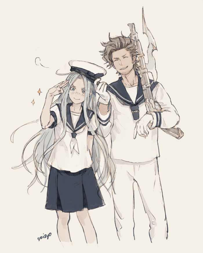 1boy 1girl ahoge artist_name bayonet black_skirt blue_eyes blue_hair blush brown_hair closed_eyes facial_hair facing_viewer gloves granblue_fantasy gun hat holding holding_gun holding_weapon long_hair looking_at_viewer lyria_(granblue_fantasy) pants rackam_(granblue_fantasy) sailor sailor_collar sailor_hat school_uniform serafuku shirt simple_background skirt smile standing stubble very_long_hair weapon white_background white_gloves white_pants white_shirt yoisho_(yoisyoisyo)