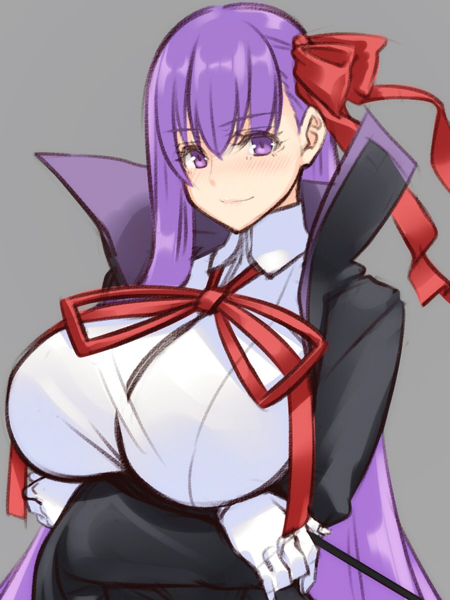 1girl bangs bb_(fate)_(all) bb_(fate/extra_ccc) black_coat blush breasts closed_mouth coat crossed_arms fate/extra fate/extra_ccc fate_(series) gloves grey_background hair_between_eyes hair_ribbon hayama_kazusa high_collar highres huge_breasts large_breasts long_hair long_sleeves looking_at_viewer neck_ribbon open_clothes open_coat popped_collar purple_hair red_ribbon ribbon simple_background smile solo upper_body very_long_hair violet_eyes wand white_gloves