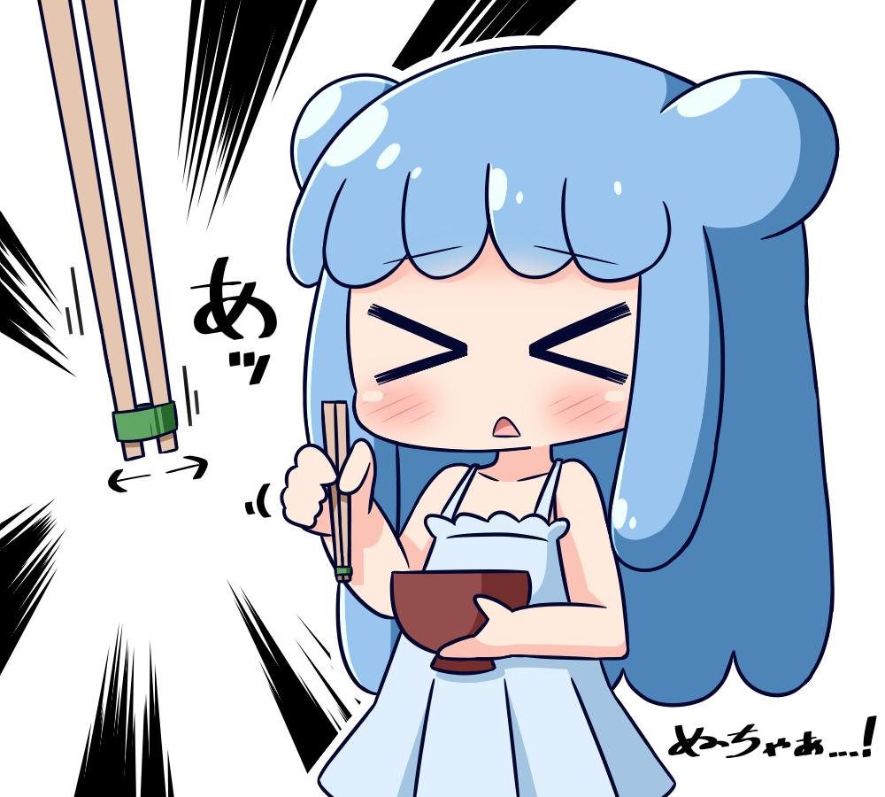 &gt;_&lt; 1girl bangs bare_arms bare_shoulders blue_dress blue_hair blush bowl chibi chopsticks closed_eyes double_bun dress emphasis_lines eyebrows_visible_through_hair goo_girl half_slime-chan hana_kazari holding holding_bowl holding_chopsticks long_hair monster_girl open_mouth original pleated_dress simple_background sleeveless sleeveless_dress solo translated very_long_hair white_background