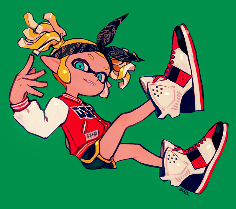 1girl aqua_eyes artist_name bandanna black_shorts blonde_hair buttons domino_mask fang full_body green_background inkling jacket long_sleeves looking_at_viewer mask ohil_(ohil822) pointy_ears shoes short_hair shorts simple_background smile sneakers solo splatoon splatoon_(series) splatoon_2 teeth tentacle_hair twintails