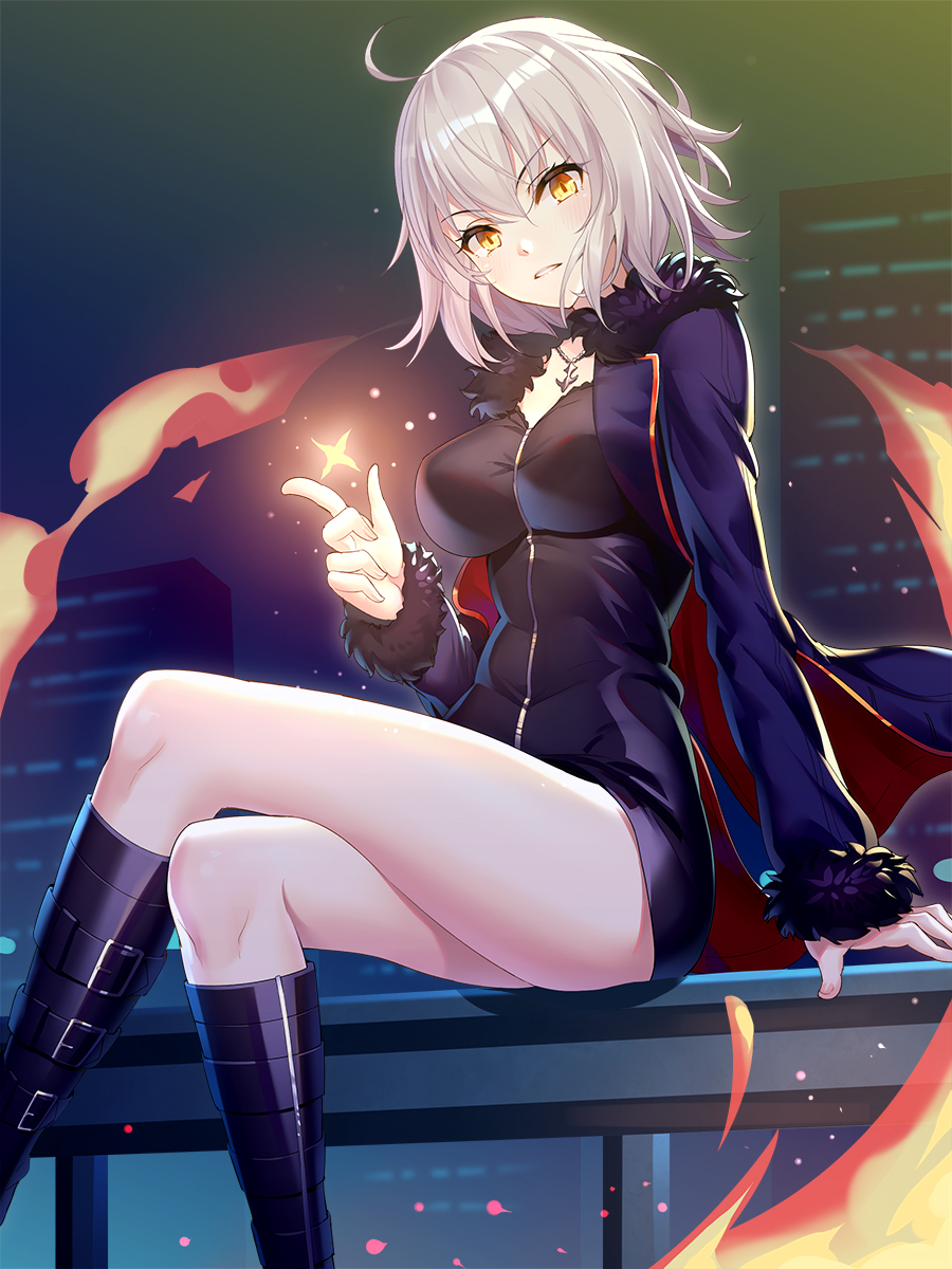 1girl ahoge bangs black_dress black_footwear blue_jacket blush boots breasts brown_eyes building commentary_request dress eyebrows_visible_through_hair fate/grand_order fate_(series) fingernails fire fur-trimmed_jacket fur-trimmed_sleeves fur_trim hair_between_eyes head_tilt highres jacket jeanne_d'arc_(alter)_(fate) jeanne_d'arc_(fate)_(all) jewelry knee_boots legs_crossed long_sleeves medium_breasts night night_sky open_clothes open_jacket outdoors parted_lips pendant ririko_(zhuoyandesailaer) silver_hair sitting sky skyscraper solo wicked_dragon_witch_ver._shinjuku_1999