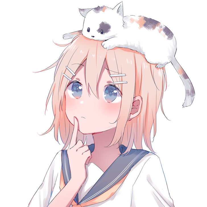 1girl animal animal_on_head bangs blonde_hair blue_eyes calico cat cat_on_head finger_to_mouth hair_between_eyes hair_ornament hairpin kagamine_rin light_frown mimengfeixue neckerchief on_head school_uniform serafuku short_hair simple_background solo upper_body vocaloid white_background