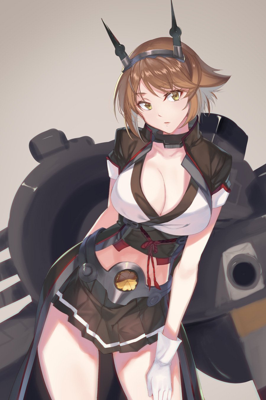 1girl bangs black_skirt breasts brown_hair cleavage collar gloves green_eyes grey_background hairband headgear highres kabocha_(monkey4) kantai_collection large_breasts looking_at_viewer metal_collar midriff miniskirt mutsu_(kantai_collection) obi parted_lips pleated_skirt radio_antenna remodel_(kantai_collection) sash short_hair simple_background skirt solo swept_bangs thighs turret white_gloves