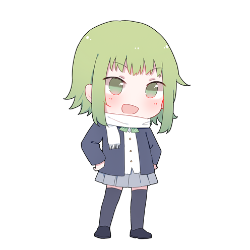 1girl :d bangs blazer bow bowtie chibi full_body green_eyes green_hair green_neckwear grey_skirt gumi hands_on_hips jacket long_sleeves lowres mimengfeixue miniskirt navy_blue_legwear open_mouth pleated_skirt scarf school_uniform shirt shoes short_hair simple_background skirt smile solo standing thigh-highs v-shaped_eyebrows vocaloid white_background white_scarf white_shirt