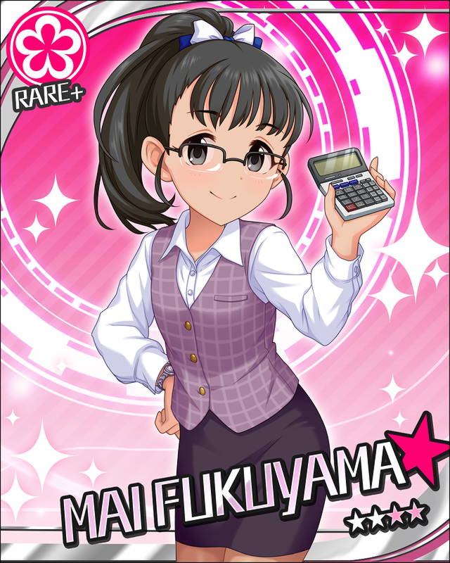 black_eyes black_hair blush calculator character_name dress fukuyama_mai glasses idolmaster idolmaster_cinderella_girls long_hair ponytail smile stars