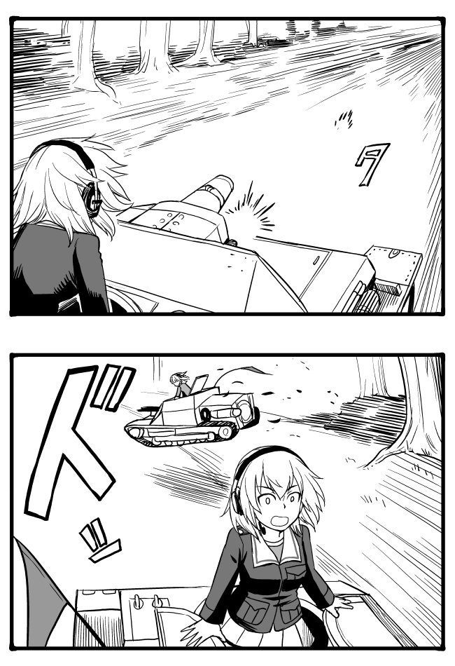 2girls 2koma carro_veloce_cv-33 comic girls_und_panzer greyscale ground_vehicle headphones itsumi_erika long_hair military military_vehicle monochrome motor_vehicle multiple_girls ooarai_military_uniform panzerkampfwagen_iv pleated_skirt shimada_arisu skirt sutahiro_(donta) tank