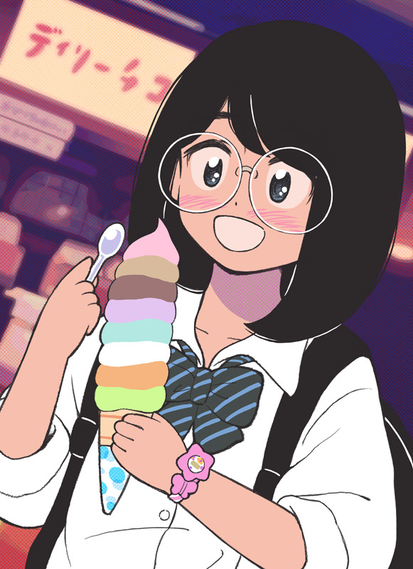 1girl 49s-aragon backpack bag black_hair blue_eyes blush bow bowtie bracelet collared_shirt dessert food glasses holding holding_spoon ice_cream ice_cream_cone jewelry medium_hair open_mouth original shirt smile solo spoon striped striped_bow striped_neckwear too_many too_many_scoops upper_body white_shirt
