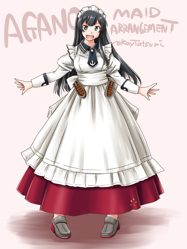 1girl agano_(kantai_collection) alternate_costume anchor_symbol apron black_hair black_neckwear character_name commentary_request enmaided frilled_apron frills full_body green_eyes grey_legwear kantai_collection loafers long_hair long_skirt long_sleeves looking_at_viewer maid maid_headdress necktie open_mouth puffy_sleeves red_skirt shirt shoes skirt smile solo standing tatsumi_ray white_apron white_shirt