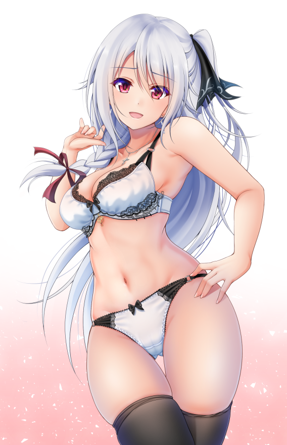 1girl :d armpits bare_arms bare_shoulders black_legwear blush bow bow_panties bra braid breasts cleavage cowboy_shot cross cross_necklace denpa_(denpae29) gluteal_fold gradient gradient_background grey_hair hair_ornament hair_ribbon hand_on_hip jewelry lace lace-trimmed_bra long_hair looking_at_viewer medium_breasts navel necklace one_side_up open_mouth original panties pink_background pink_eyes purple_ribbon ribbon single_braid skindentation smile solo standing thigh-highs thigh_gap underwear very_long_hair white_background white_bra white_panties