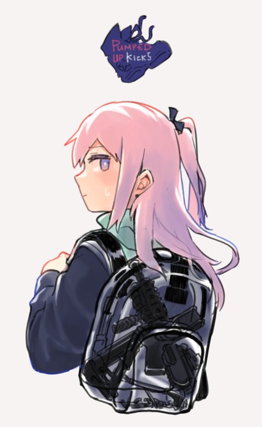 1girl ar-15 backpack bag blue_eyes commentary_request from_behind girls_frontline gun hair_ornament jacket long_hair long_sleeves looking_back one_side_up pink_hair rifle see-through sidelocks solo st_ar-15_(girls_frontline) sweatdrop upper_body vento weapon