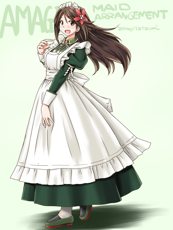 1girl alternate_costume amagi_(kantai_collection) apron brown_eyes brown_hair character_name commentary_request dress enmaided frilled_apron frills full_body green_dress grey_footwear hair_ornament high_ponytail kantai_collection leaf leaf_hair_ornament loafers long_dress long_hair long_sleeves looking_at_viewer maid maid_headdress maple_leaf open_mouth shoes sidelocks smile solo standing tatsumi_ray white_apron wide_ponytail