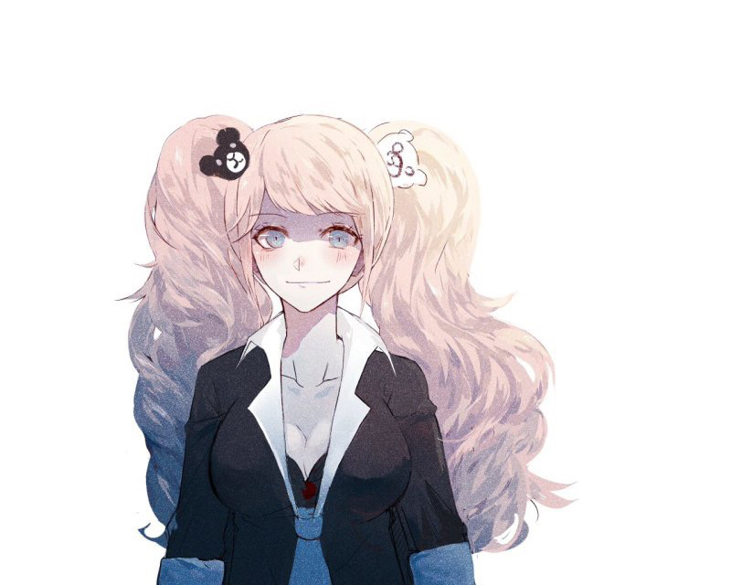 1girl bear_hair_ornament blonde_hair blue_eyes blush bow breasts cleavage commentary_request dangan_ronpa dangan_ronpa_1 enoshima_junko hair_ornament large_breasts long_hair looking_at_viewer necktie pink_hair school_uniform simple_background sleeves_rolled_up smile solo suzukal twintails upper_body white_background