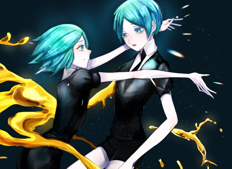 2others androgynous aqua_eyes aqua_hair colored_eyelashes crystal_hair dark_background dual_persona gem_uniform_(houseki_no_kuni) gold golden_arms houseki_no_kuni hug looking_at_another multiple_others multiple_persona necktie phosphophyllite short_hair smile