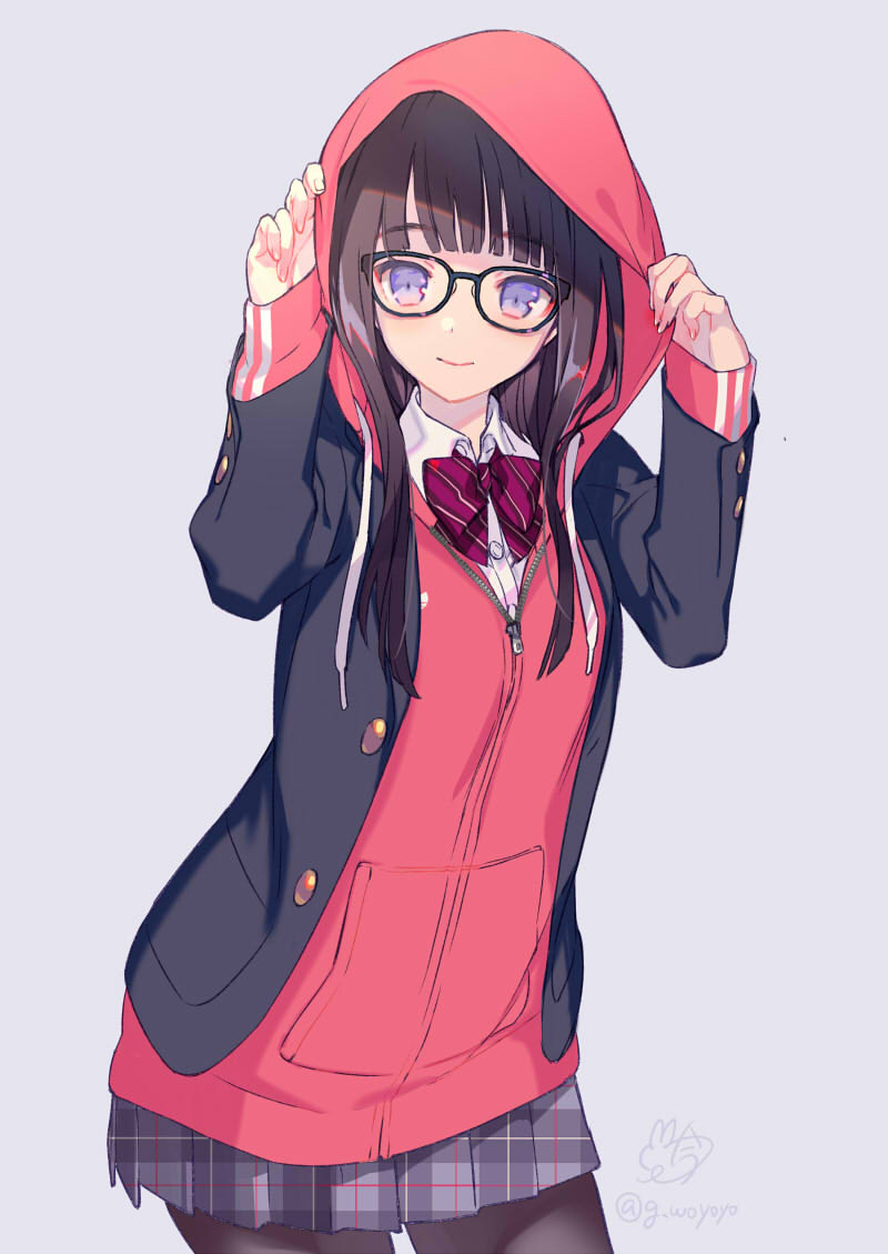 1girl arms_up bangs black-framed_eyewear blunt_bangs blush brown_hair brown_legwear buttons closed_mouth collared_shirt commentary_request eyebrows_visible_through_hair gin_(oyoyo) glasses hair_between_eyes hood hoodie long_hair long_sleeves looking_at_viewer necktie open_clothes open_hoodie original pantyhose pleated_skirt school_uniform shirt simple_background skirt smile solo standing striped striped_neckwear twitter_username violet_eyes zipper