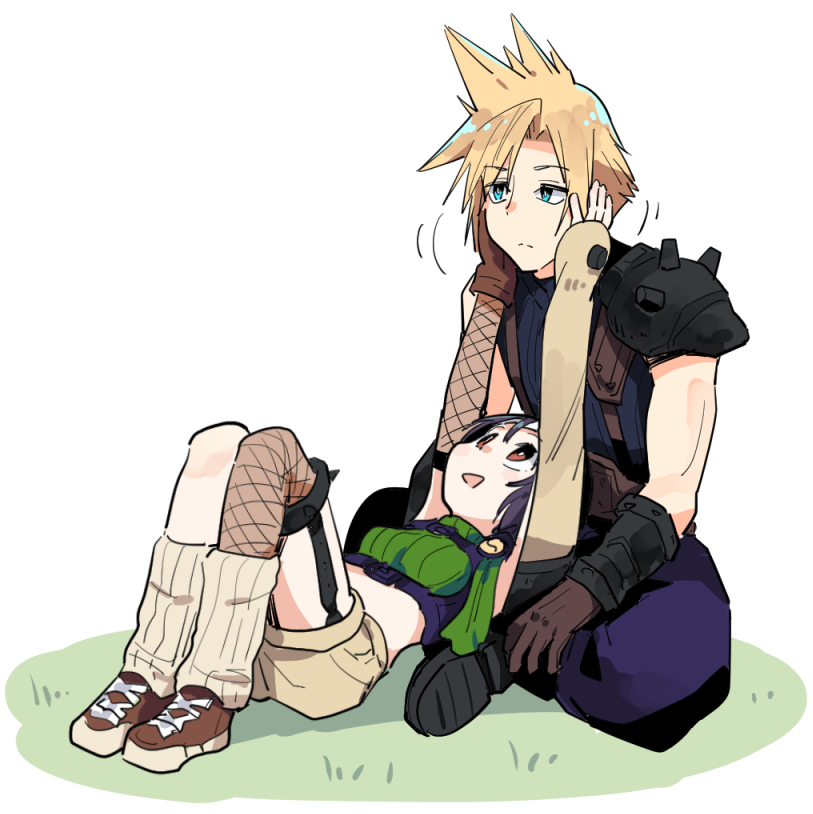 1boy 1girl :d black_hair blonde_hair blue_eyes breasts bright_pupils brown_eyes brown_footwear brown_gloves brown_shorts closed_mouth cloud_strife crop_top eyebrows_visible_through_hair final_fantasy final_fantasy_vii fishnet_legwear fishnets frown garter_straps gloves hands_on_another's_face loose_socks lying on_back open_mouth ribbed_legwear shoes shorts shoulder_pads single_glove single_thighhigh sitting small_breasts smile spiky_hair thigh-highs tonmoh turtleneck white_background white_pupils yuffie_kisaragi