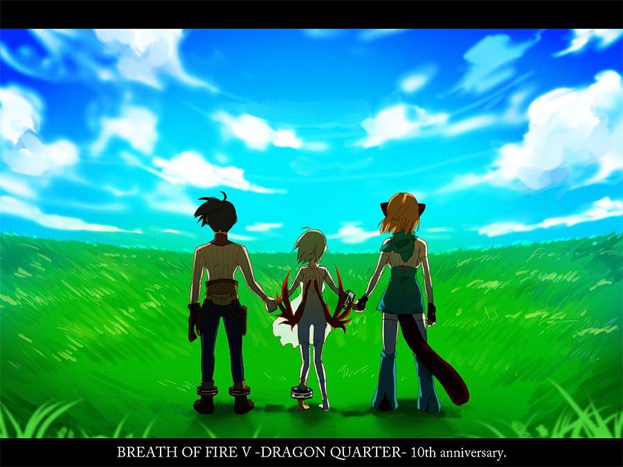 1boy 2girls barefoot breasts breath_of_fire breath_of_fire_v clouds commentary_request dress full_body_tattoo gloves grass green_hair jewelry lin_(breath_of_fire) multiple_girls nina_(breath_of_fire_v) red_wings ryuu_(breath_of_fire_v) see-through short_hair sky tail tattoo white_dress wings yosaku_(roach)