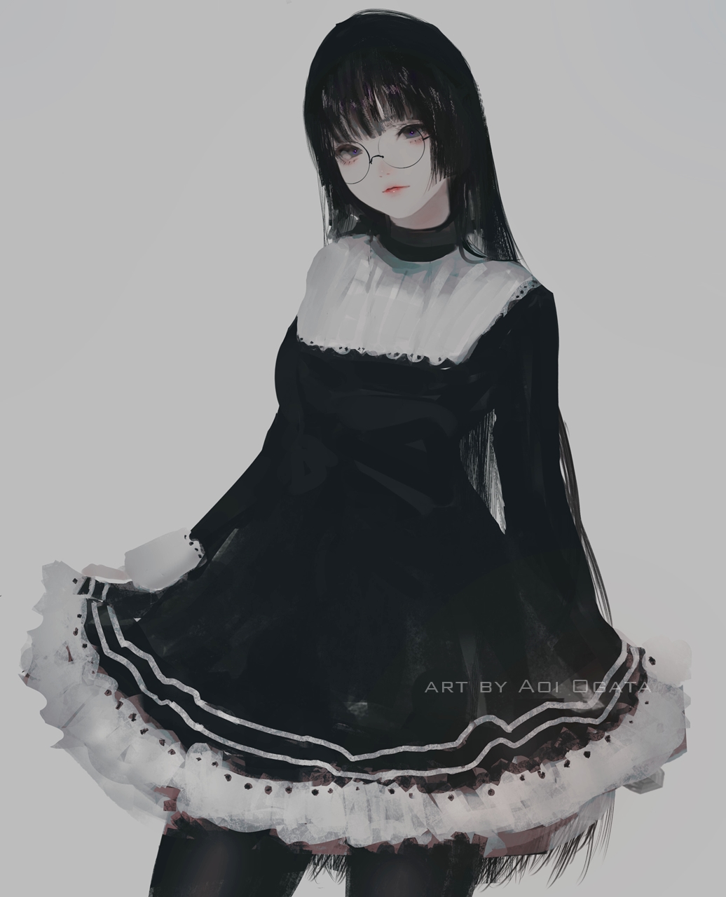 1girl aoi_ogata artist_name bangs black_dress black_hair black_legwear commentary cowboy_shot dress eyelashes glasses gothic_lolita grey_background highres lolita_fashion long_hair original pantyhose red_lips round_eyewear simple_background solo very_long_hair violet_eyes