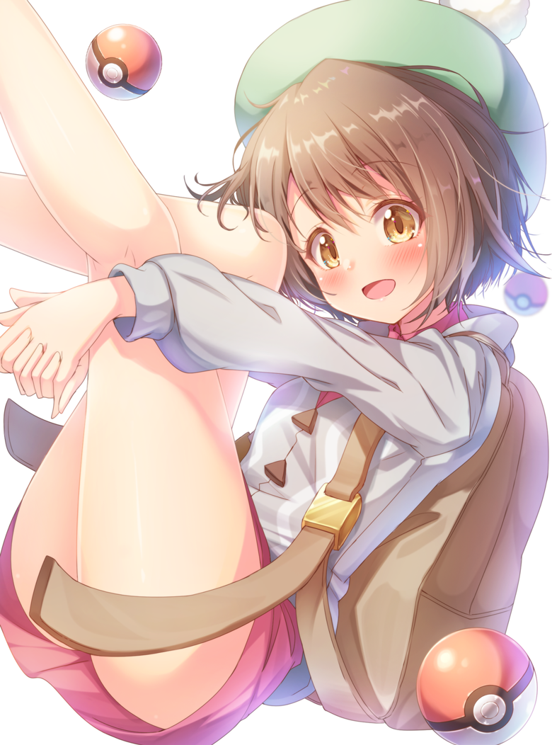 1girl :d bangs blush brown_eyes brown_hair collared_shirt commentary_request creatures_(company) eyebrows_visible_through_hair female_protagonist_(pokemon_swsh) game_freak green_hat grey_jacket hair_between_eyes hat head_tilt jacket leg_hug legs_up long_sleeves looking_at_viewer matokechi nintendo open_mouth poke_ball poke_ball_(generic) pokemon pokemon_(game) pokemon_swsh puffy_long_sleeves puffy_sleeves red_shirt red_skirt shirt simple_background skirt smile solo tam_o'_shanter white_background