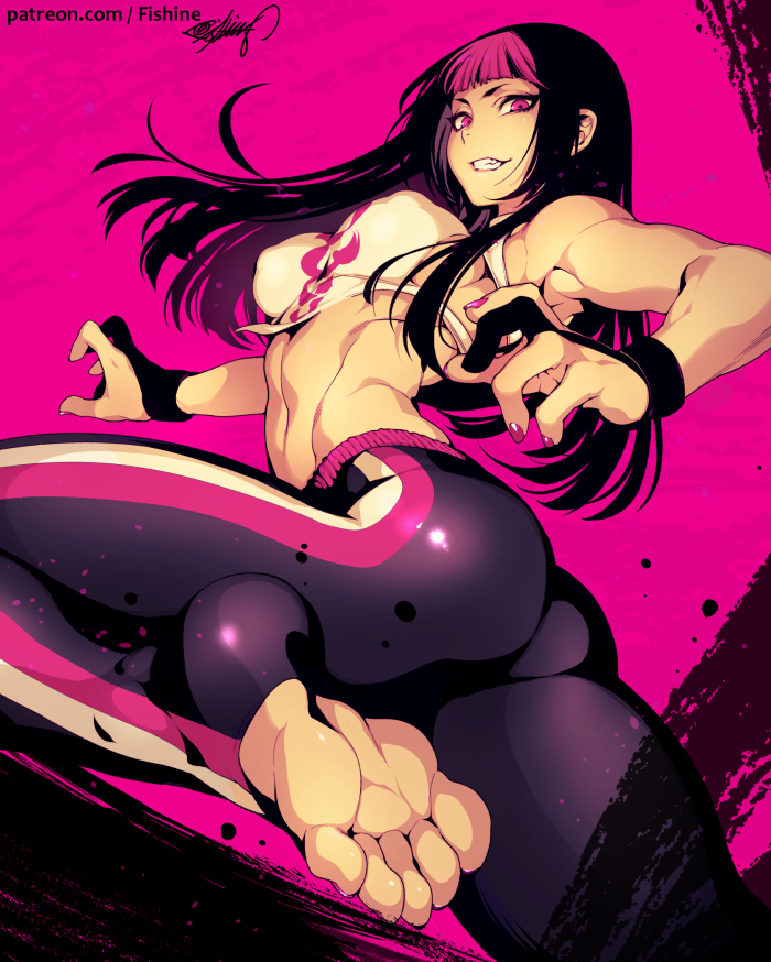 1girl alternate_costume alternate_hairstyle ass breasts evil_smile feet fighting_stance fishine han_juri leg_up long_hair looking_at_viewer medium_breasts multicolored_hair nail_polish navel no_shoes pink_background pink_nails sideboob smile soles solo stomach street_fighter street_fighter_v toeless_legwear toenail_polish toes toned two-tone_hair violet_eyes