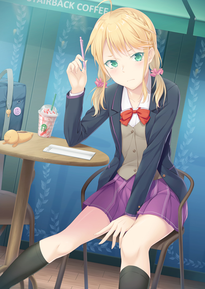 1girl ahoge bag between_legs black_coat black_legwear blazer blonde_hair bow bowtie braid brand_name_imitation chair commentary_request cup disposable_cup drinking_straw dutch_angle elbows_on_table french_braid fukadou_magorona green_eyes hand_between_legs head_tilt holding holding_pencil jacket kneehighs legs_apart light_frown looking_at_viewer mechanical_pencil original outdoors pencil pink_scrunchie pleated_skirt purple_skirt red_neckwear school_bag school_uniform scrunchie short_hair sitting skirt solo starbucks storefront sweater_vest table two_side_up wooden_floor