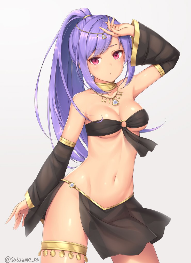 1girl arm_up bangs bare_shoulders black_panties breasts cleavage closed_mouth collarbone cowboy_shot detached_sleeves eyebrows_visible_through_hair grey_background harem_outfit jewelry long_hair looking_at_viewer medium_breasts midriff navel neck_ring necklace original panties ponytail purple_hair revealing_clothes sasaame see-through simple_background solo standing stomach under_boob underwear