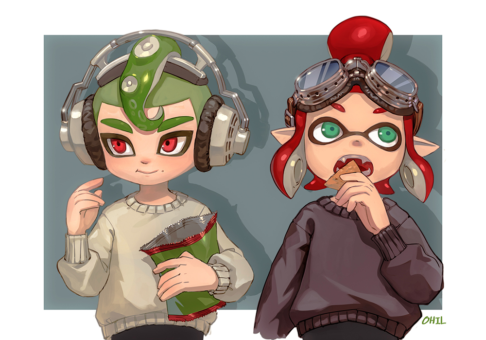 1boy 1girl aqua_eyes artist_name bag_of_chips black_sweater chips closed_mouth domino_mask fangs food goggles goggles_on_head green_hair hair_bun hand_up headphones inkling long_sleeves mask mohawk octarian octoling ohil_(ohil822) open_mouth pointy_ears red_eyes redhead short_hair splatoon splatoon_(series) splatoon_2 suction_cups sweater teeth tentacle_hair upper_body white_sweater