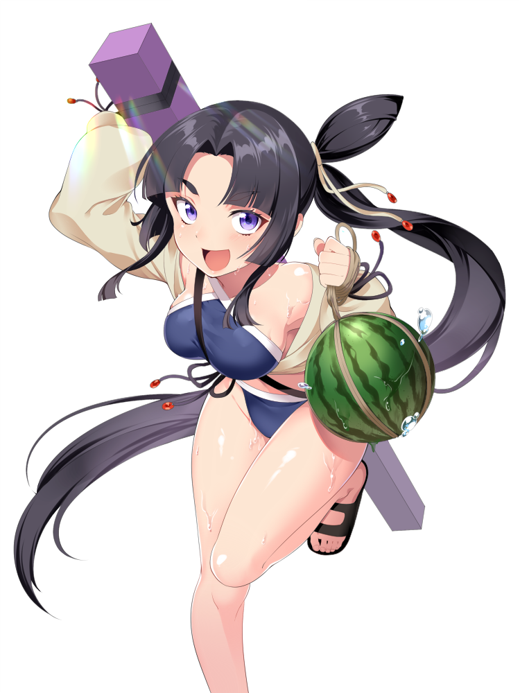 1girl bikini black_hair blue_bikini blue_eyes eyebrows_visible_through_hair fate/grand_order fate_(series) food fruit hair_bun hakka_(88hk88) jacket long_hair long_sleeves looking_at_viewer side_ponytail simple_background smile solo standing standing_on_one_leg swimsuit ushiwakamaru_(fate/grand_order) ushiwakamaru_(swimsuit_assassin)_(fate) very_long_hair watermelon wet white_background