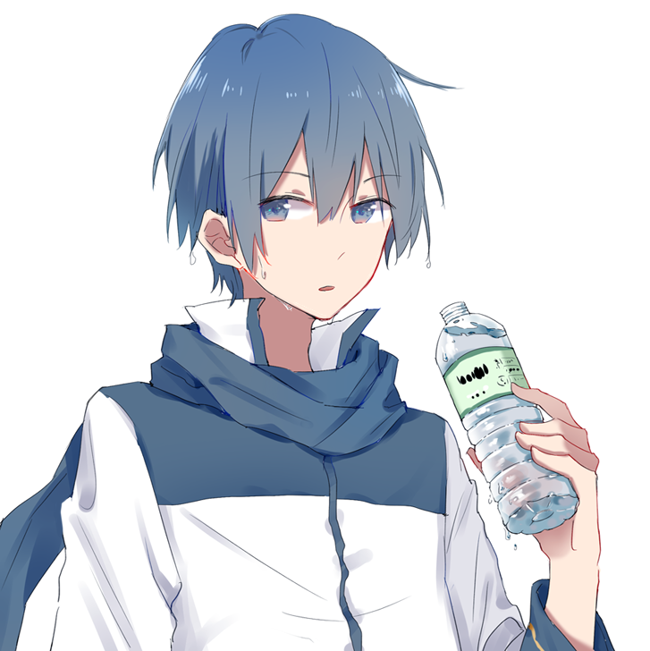 1boy blue_eyes blue_hair blue_scarf bottle holding holding_bottle jacket kaito long_sleeves male_focus mimengfeixue parted_lips scarf sideways_glance simple_background solo sweat vocaloid water_bottle white_background