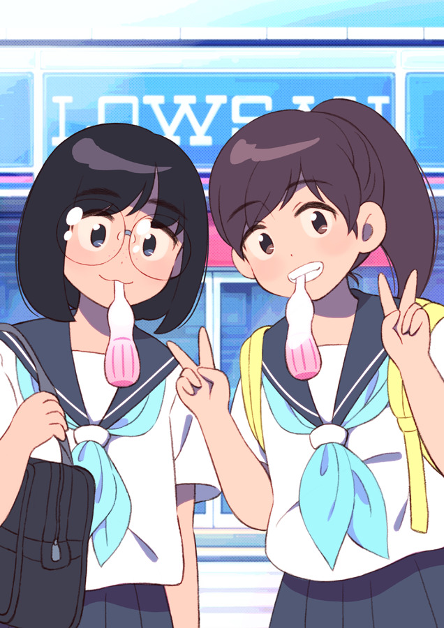 2girls 49s-aragon aqua_neckwear backpack bag bangs black_bag black_hair black_sailor_collar blue_eyes brown_eyes brown_hair double_v eyebrows_visible_through_hair glasses lawson medium_hair mouth_hold multiple_girls neckerchief original parted_lips pleated_skirt ponytail ramune sailor_collar school_uniform serafuku shirt short_sleeves shoulder_bag skirt smile upper_body v white_shirt yellow_backpack