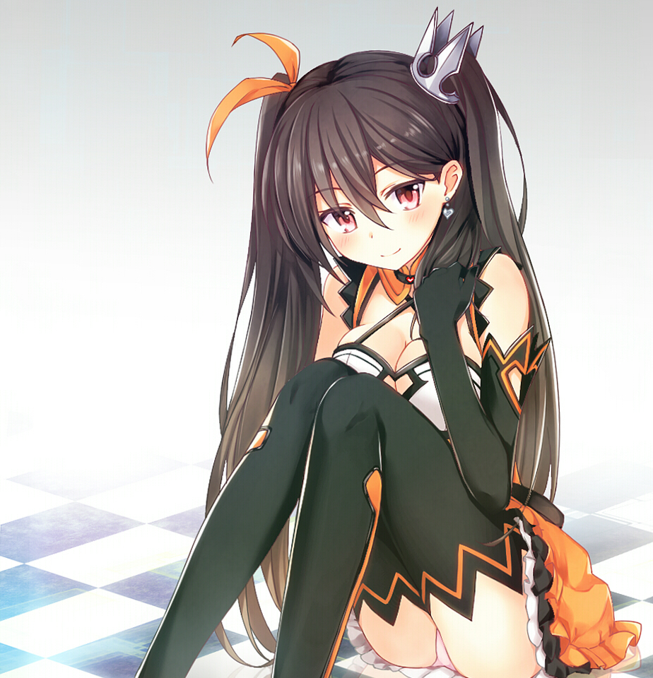 1girl ass black_gloves black_legwear blush breasts brown_hair character_request death_end_re;quest earrings elbow_gloves fuji_kakei gloves jewelry looking_at_viewer medium_breasts panties pantyshot pantyshot_(sitting) sitting skirt smile solo thigh-highs twintails underwear