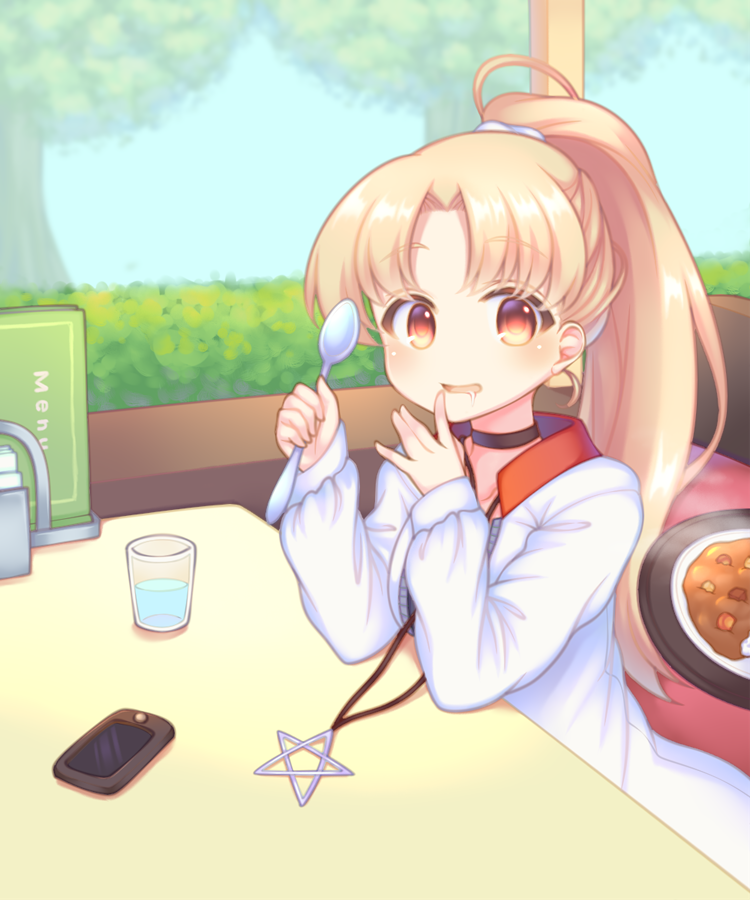 1girl :d azur_lane bangs black_choker blonde_hair blush cellphone choker cleveland_(azur_lane) cup curry curry_rice day drinking_glass drooling eyebrows_visible_through_hair food hedge_(plant) high_ponytail holding holding_spoon indoors jacket jewelry long_hair long_sleeves open_clothes open_jacket open_mouth parted_bangs pendant pentagram phone ponytail red_eyes rice sakurato_ototo_shizuku saliva seat sitting sleeves_past_wrists smile solo spoon table tree very_long_hair water white_jacket window
