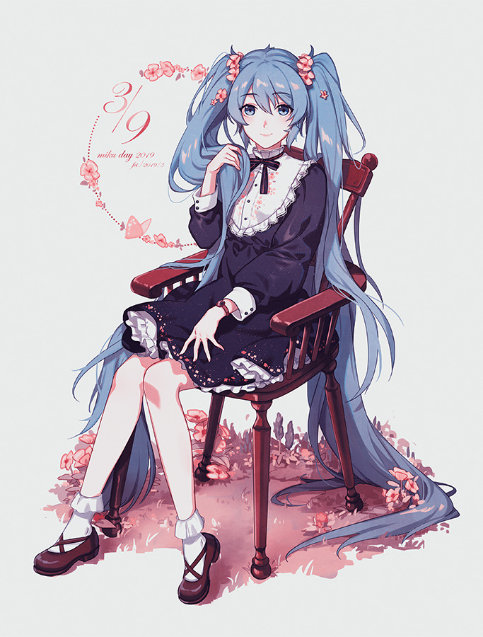 1girl 39 absurdly_long_hair alternate_costume bangs black_dress black_neckwear black_ribbon blue_eyes blue_hair blush bobby_socks brown_footwear chair character_name closed_mouth dated dress eyebrows_visible_through_hair fen_renlei flower frilled_dress frills full_body grey_background hair_flower hair_ornament hatsune_miku long_hair long_sleeves looking_at_viewer neck_ribbon on_chair pink_flower puffy_long_sleeves puffy_sleeves ribbon shoes simple_background sitting smile socks solo very_long_hair vocaloid watch watch white_legwear