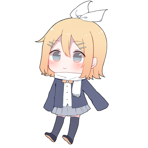 1girl bangs blazer blonde_hair blue_eyes blush bow bowtie chibi full_body grey_skirt hair_between_eyes hair_ornament hair_ribbon hairpin jacket kagamine_rin long_sleeves lowres mimengfeixue miniskirt navy_blue_legwear pleated_skirt ribbon scarf school_uniform shirt shoes short_hair simple_background skirt sleeves_past_fingers sleeves_past_wrists smile solo thigh-highs vocaloid white_background white_ribbon white_scarf white_shirt