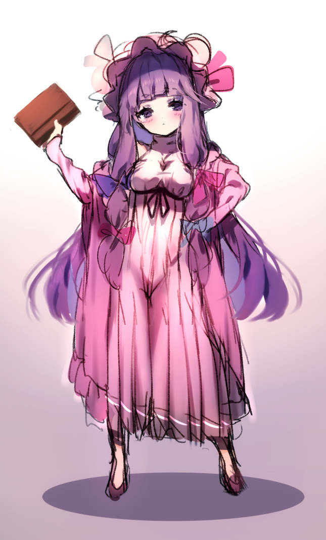 1girl bangs blue_ribbon blunt_bangs blush book commentary_request dress eyebrows_visible_through_hair full_body gradient gradient_background hair_ribbon hand_up hat hat_ribbon holding holding_book long_hair long_sleeves looking_at_viewer mob_cap patchouli_knowledge pink_ribbon piyokichi purple_background purple_dress purple_footwear purple_hair purple_hat purple_ribbon ribbon shadow shoes sidelocks sketch solo standing striped touhou vertical-striped_dress vertical_stripes very_long_hair violet_eyes white_background