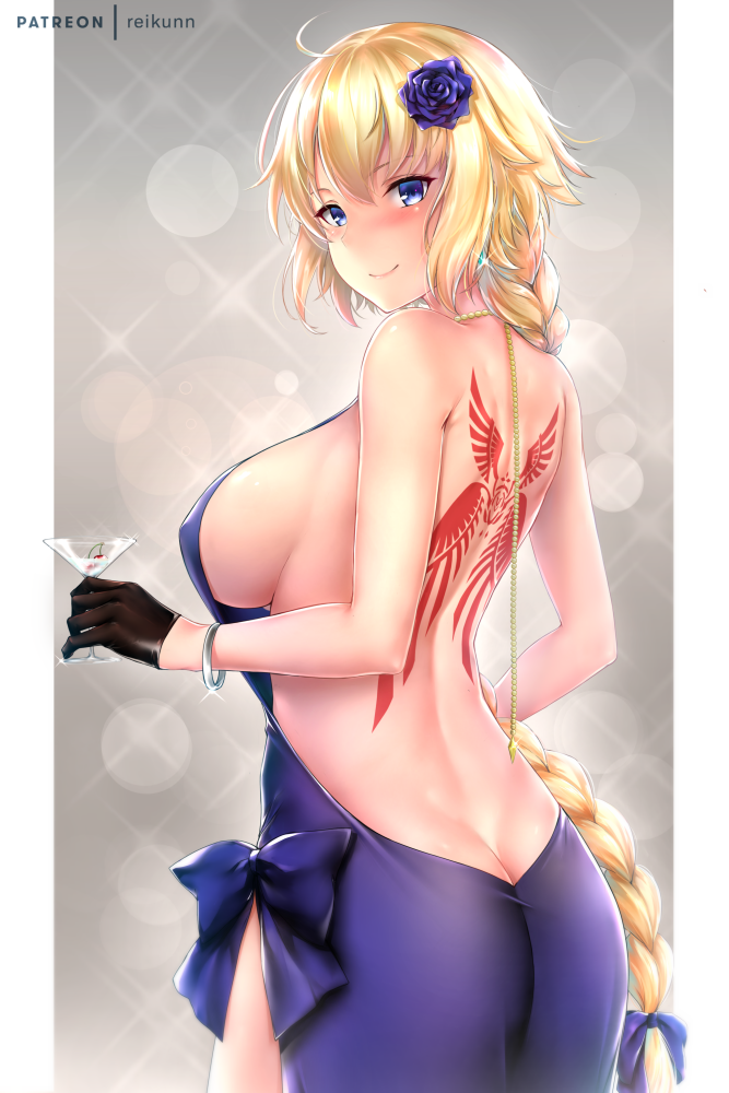 1girl ass back back_tattoo backless_dress backless_outfit bangs bare_back black_gloves blonde_hair blue_dress blue_eyes blue_flower blue_rose blush bracelet braid breasts butt_crack closed_mouth cocktail_glass cup dress drinking_glass fate/apocrypha fate_(series) flower gloves hair_between_eyes hair_flower hair_ornament jeanne_d'arc_(fate) jeanne_d'arc_(fate)_(all) jewelry large_breasts long_hair looking_at_viewer rei_kun rose sideboob single_braid smile solo tattoo very_long_hair