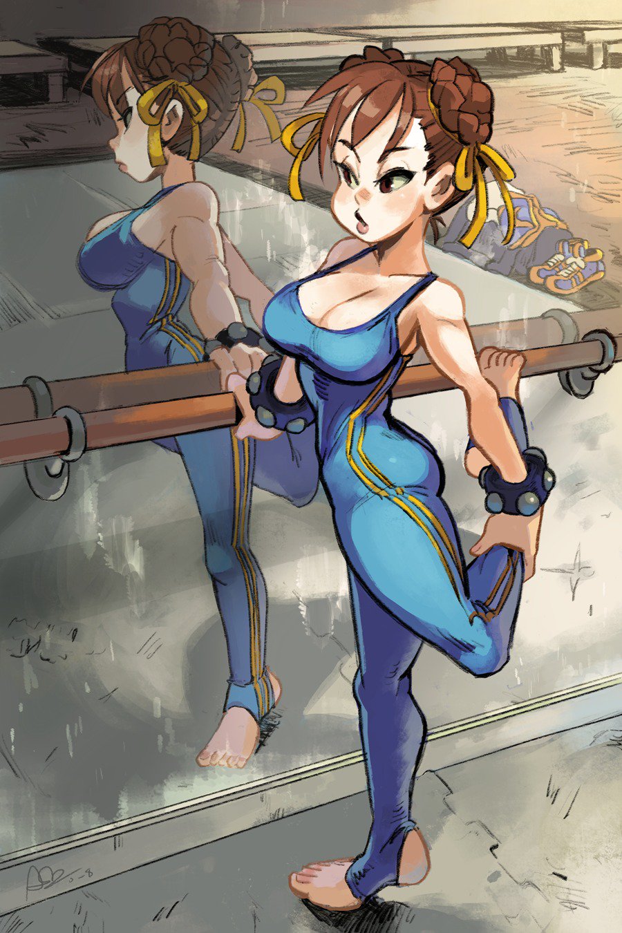 1girl alex_ahad alternate_costume bangs bench bodysuit bracelet breasts brown_eyes brown_hair capcom chun-li cleavage double_bun full_body hair_ribbon highres jewelry large_breasts leg_up reflection ribbon shoes_removed signature skin_tight sleeveless solo standing standing_on_one_leg street_fighter street_fighter_zero_(series) stretch yellow_ribbon