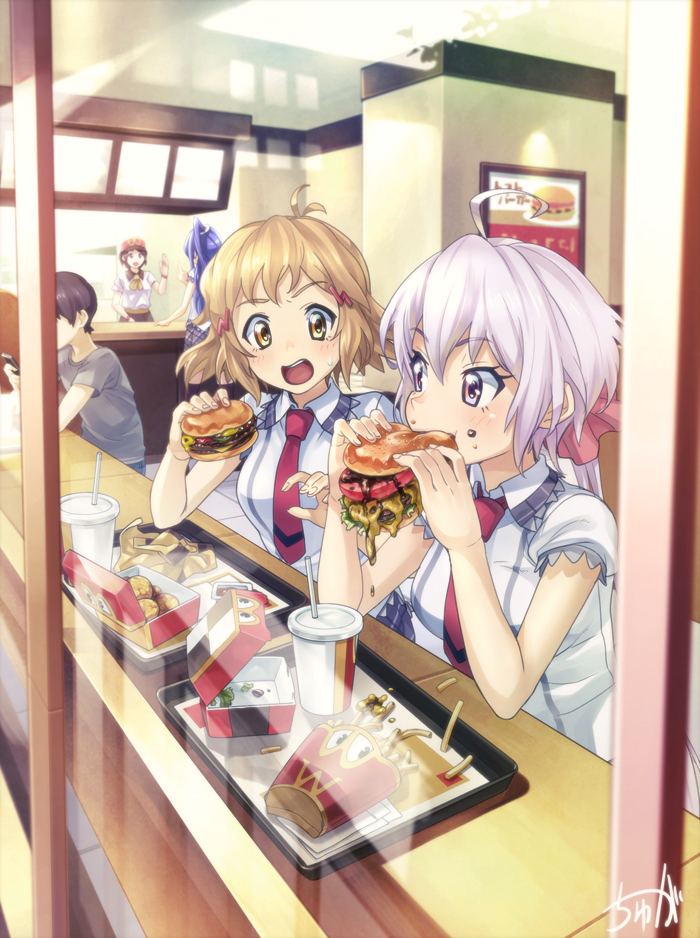 1boy 4girls ahoge antenna_hair blonde_hair bow character_request eating faceless faceless_male food french_fries hair_bow hair_ornament hairpin hamburger indoors long_hair lydian_academy_uniform mcdonald's multiple_girls necktie pink_eyes pink_hair ponytail purple_hair senki_zesshou_symphogear short_hair short_sleeves sweatdrop through_window tyuga yellow_eyes yukine_chris