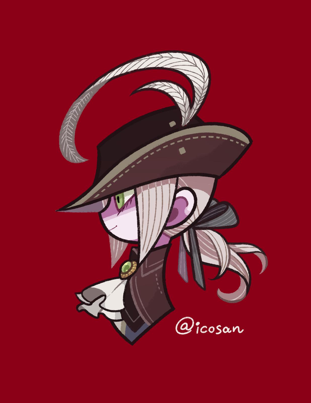 1girl ascot black_hat bloodborne green_eyes grey_hair hat hat_feather highres iccoco lady_maria_of_the_astral_clocktower ponytail profile red_background simple_background smile solo the_old_hunters twitter_username