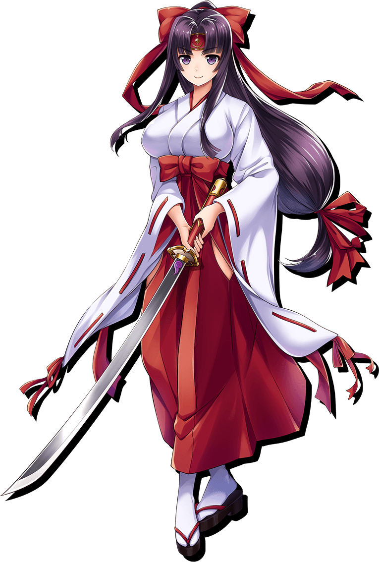 1girl black_hair bow breasts clog_sandals closed_mouth full_body hair_bow hair_ribbon hakama headband hip_vent holding holding_sword holding_weapon japanese_clothes katana large_breasts long_hair long_sleeves looking_at_viewer low-tied_long_hair miko official_art ponytail queen's_blade queen's_blade_unlimited queen's_blade_white_triangle red_hakama ribbon ribbon-trimmed_sleeves ribbon_trim sidelocks smile solo standing sword tabi tomoe transparent_background violet_eyes weapon wide_sleeves